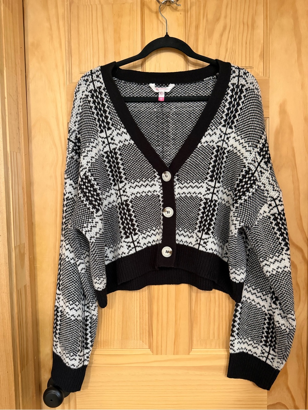 No Boundaries Black and White Plaid V-Neck Button Cardigan